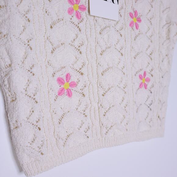ZARA NEW Floral Crochet Knit Top Ivory Embroidered Short Sleeve Women's S - Picture 4 of 11